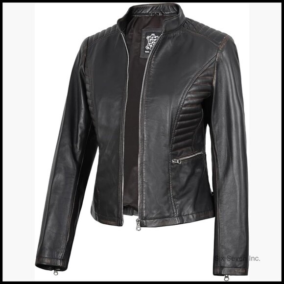 Lambskin Leather Jacket Women Cafe Racer Style Distressed Brown